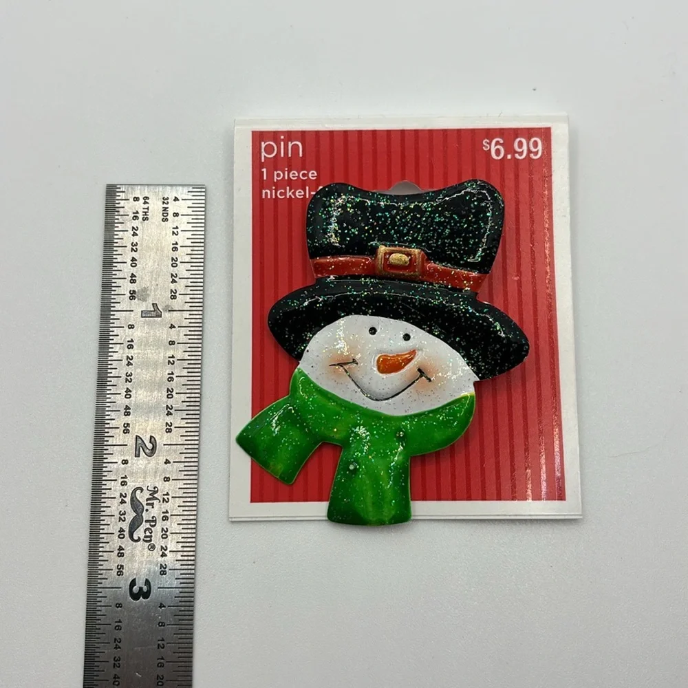 Christmas Snowman Pin Brooch Metal Green Scarf Top‎ Hat Holiday